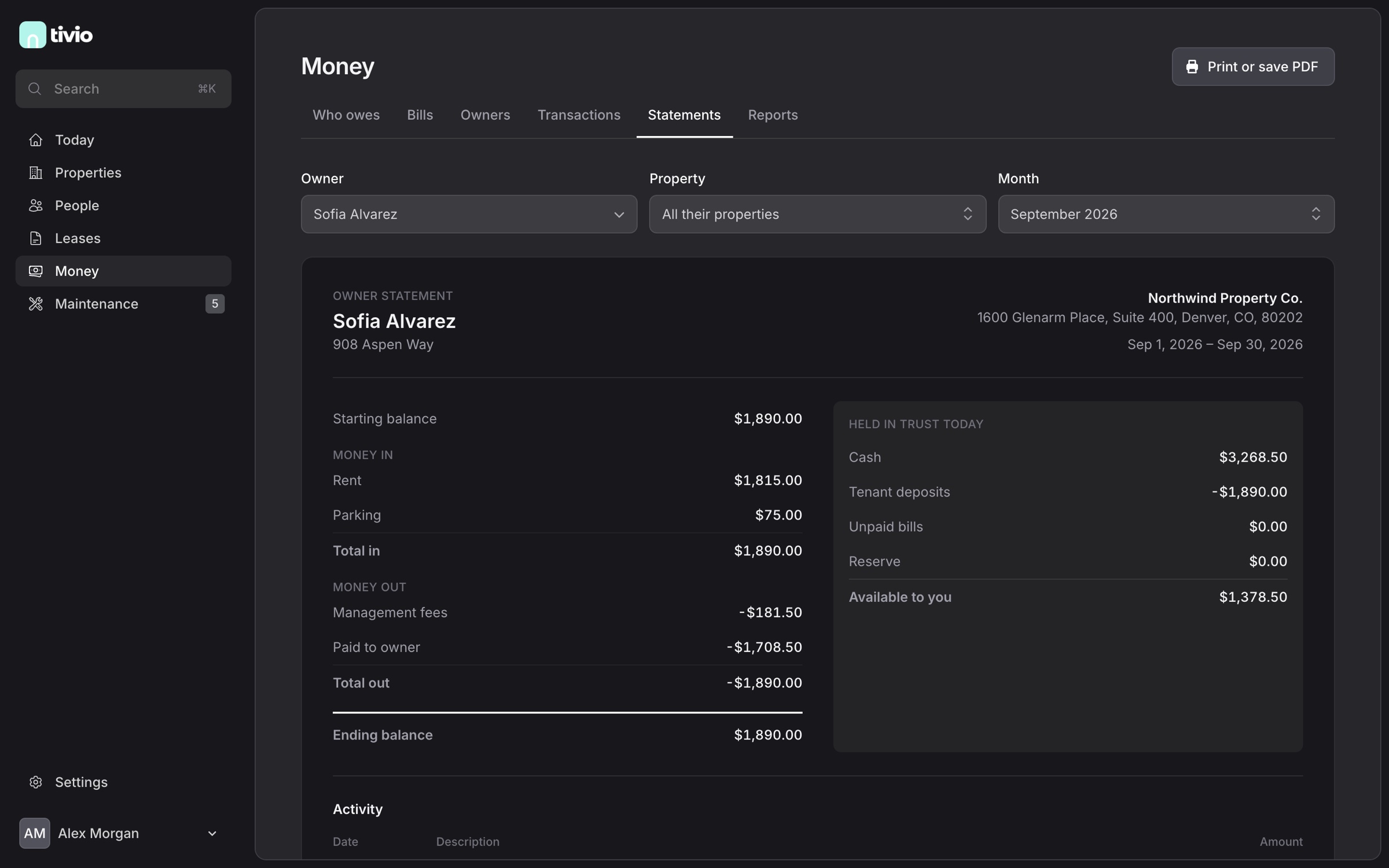 A monthly owner statement with starting balance, rent and parking collected, management fees, owner payout, ending balance and cash held in trust.