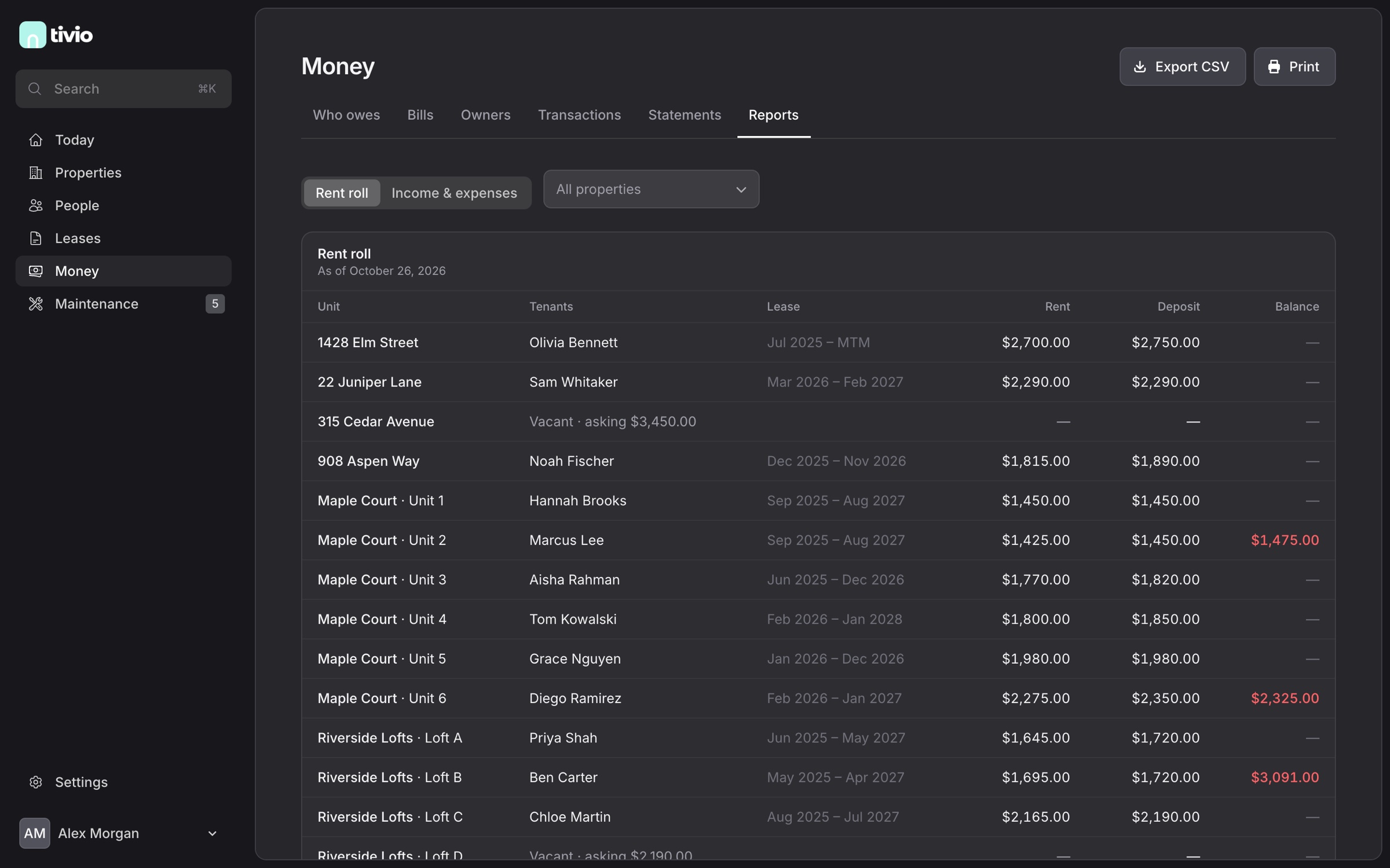 The reports screen with the rent roll for every unit.