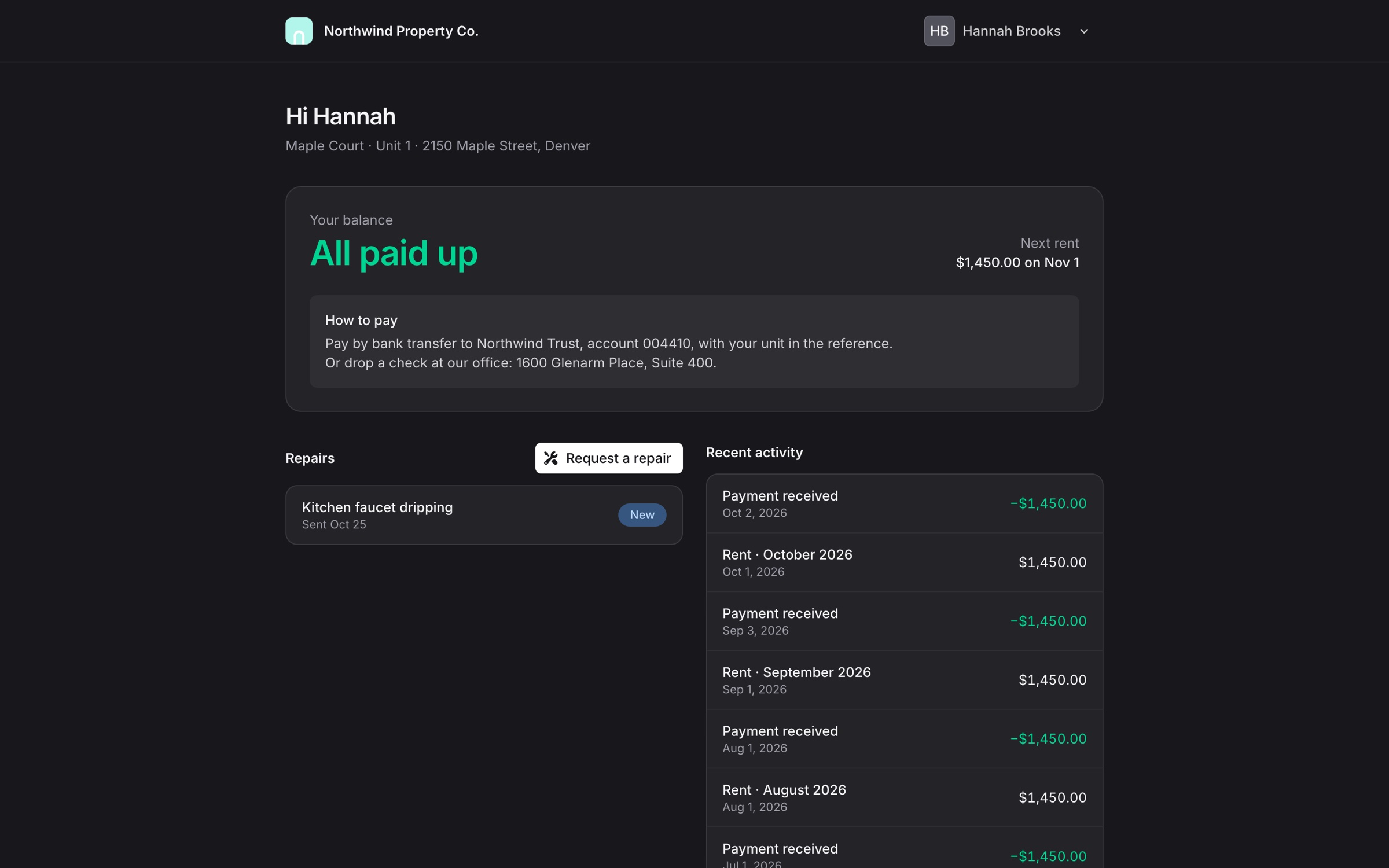 The tenant portal: an All paid up balance, the next rent date, how to pay, repair requests and recent activity.