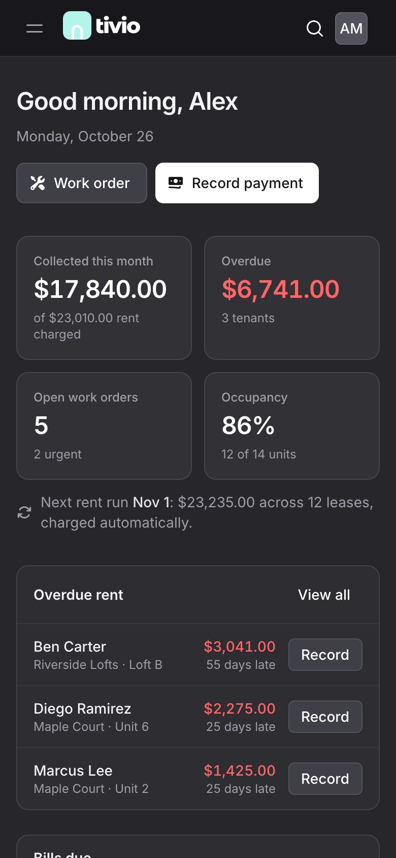 The Today screen on a phone, showing rent collected, overdue rent, open work orders and occupancy.