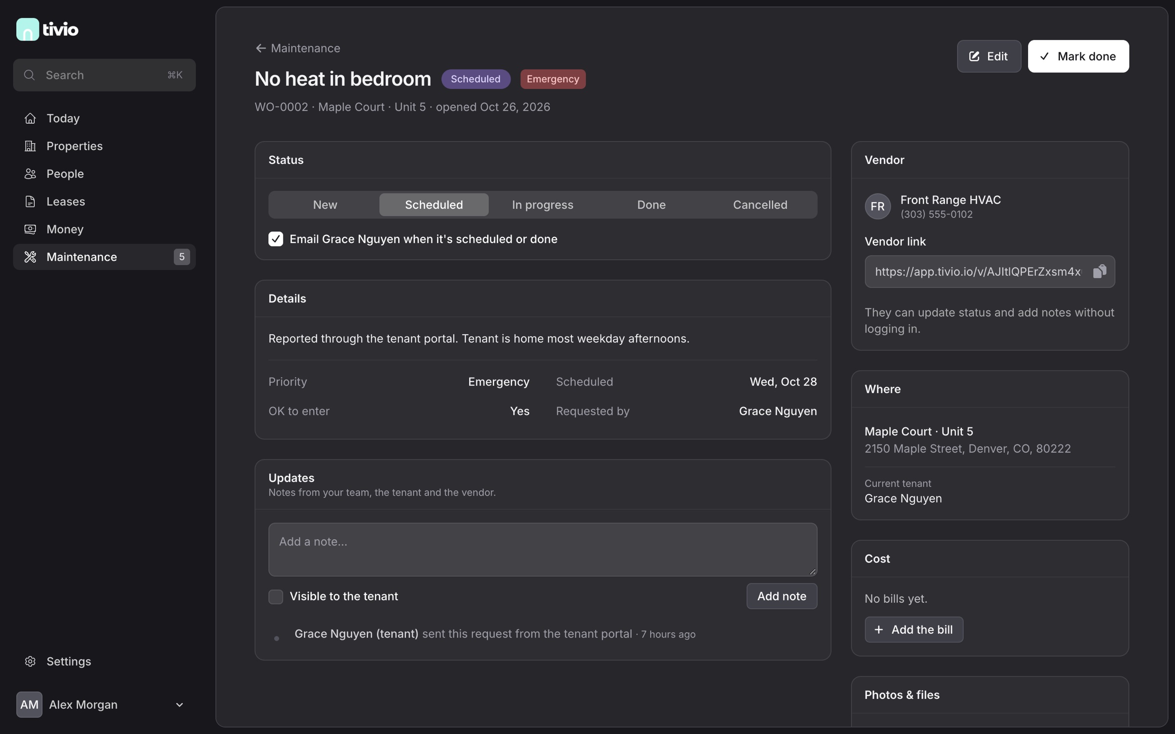 A work order marked Emergency and Scheduled, with its status steps, the assigned vendor and the vendor's secure link.